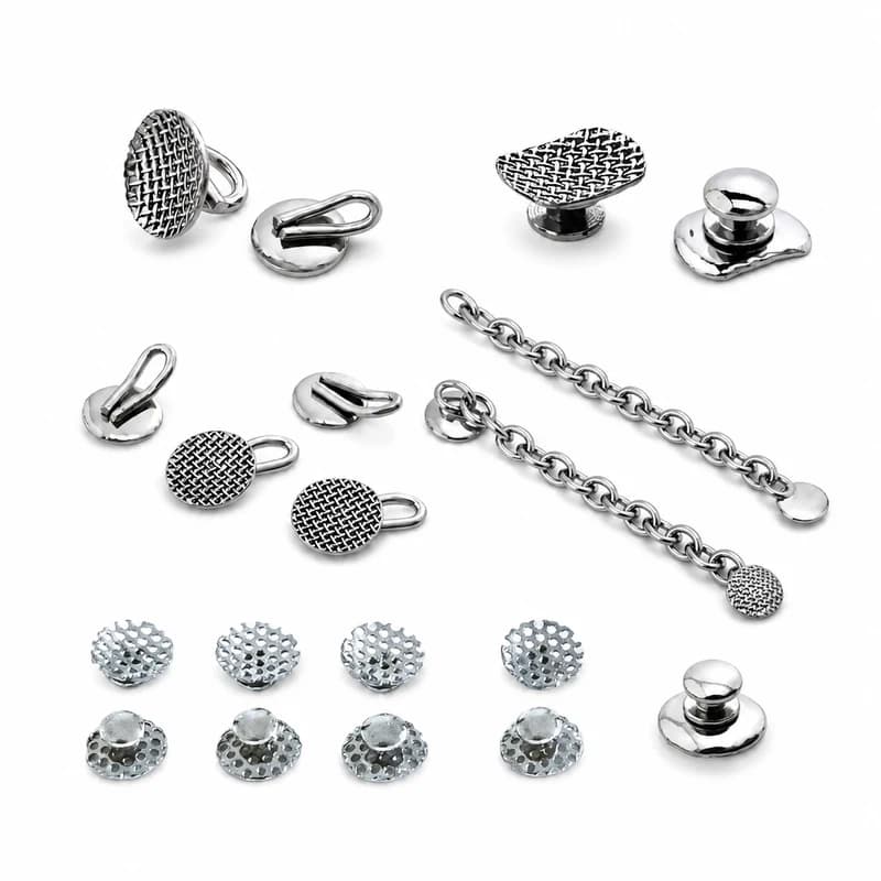 Orthodontic lingual buttons, eyelets, hooks and eyelets with chain