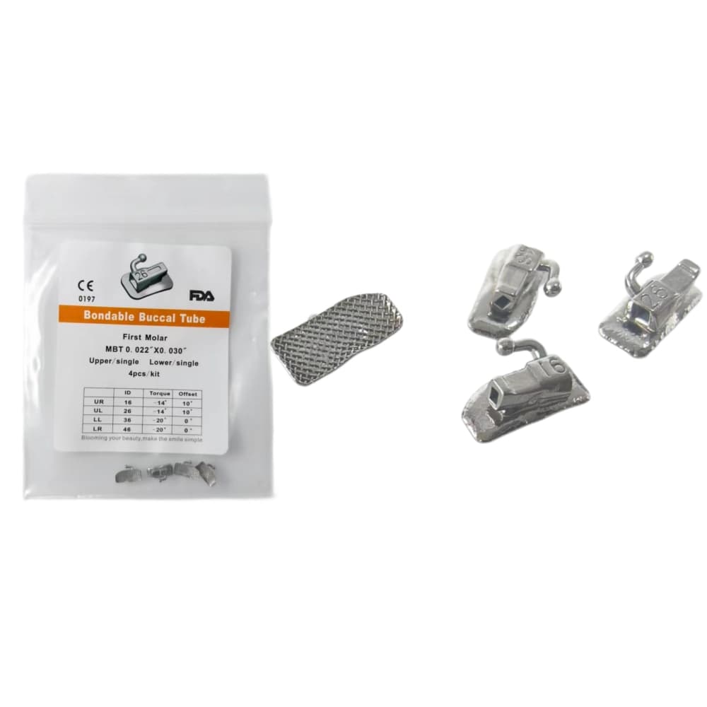 Bondable buccal tubes in .022 MBT and Roth product configurations shown with a four-piece package