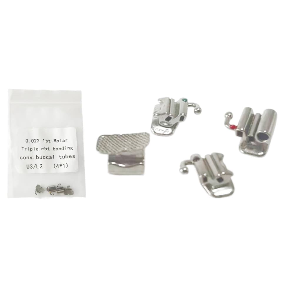 Bondable orthodontic buccal tubes with rectangular mesh bases and hooks