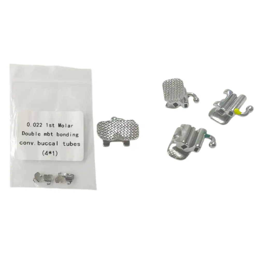 Bondable buccal tubes showing single double and triple channel structures with mesh bases