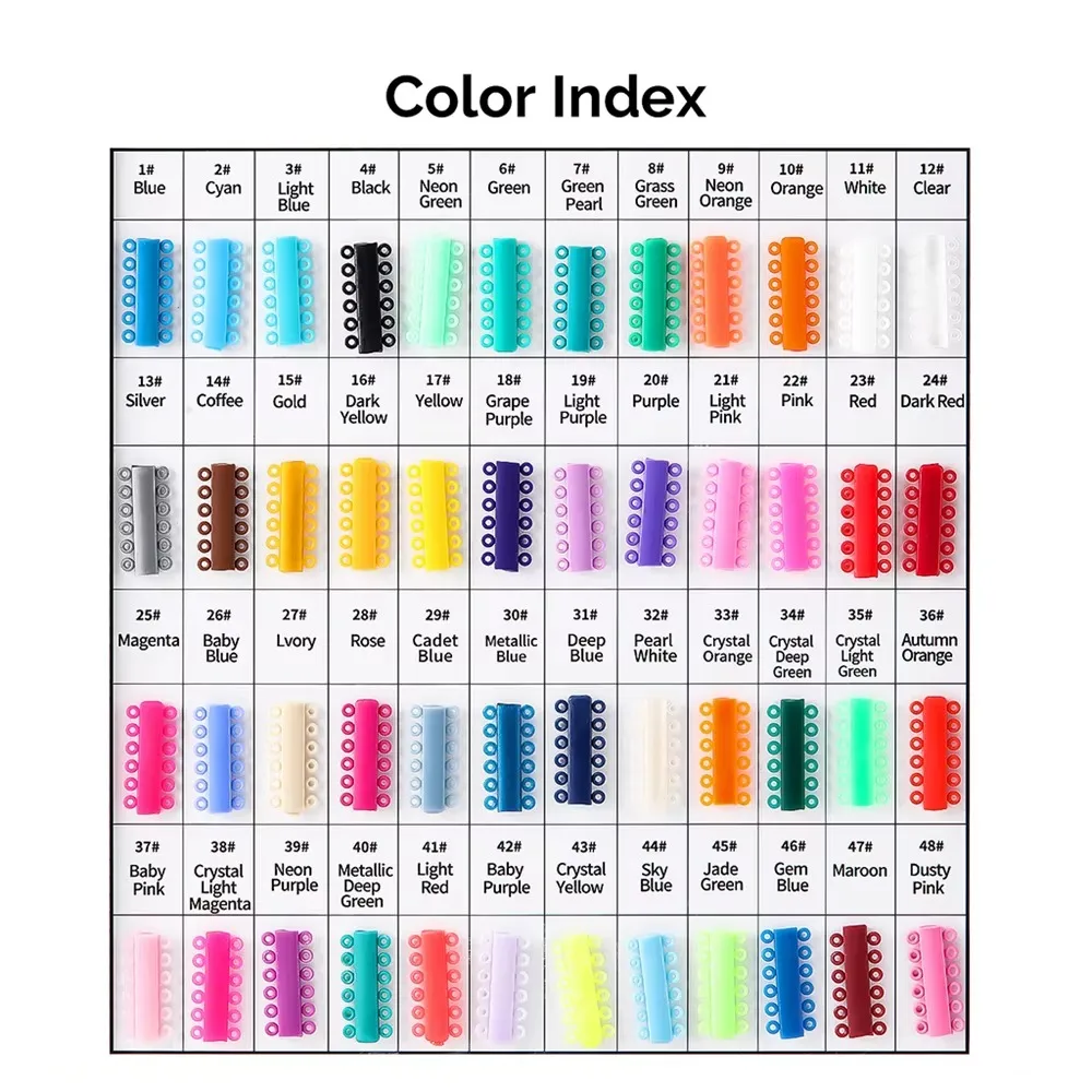 Color index showing 48 available orthodontic elastic ligature tie colors