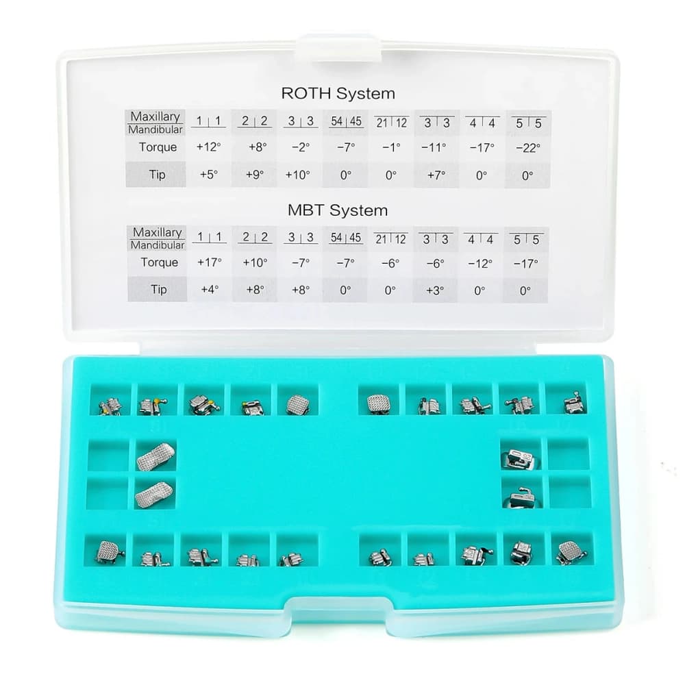 Boxed 24-piece metal self-ligating bracket set with brackets and buccal tubes