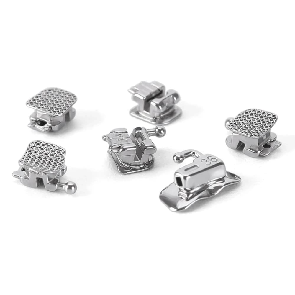 Metal self-ligating brackets showing front, side and 80 mesh base views