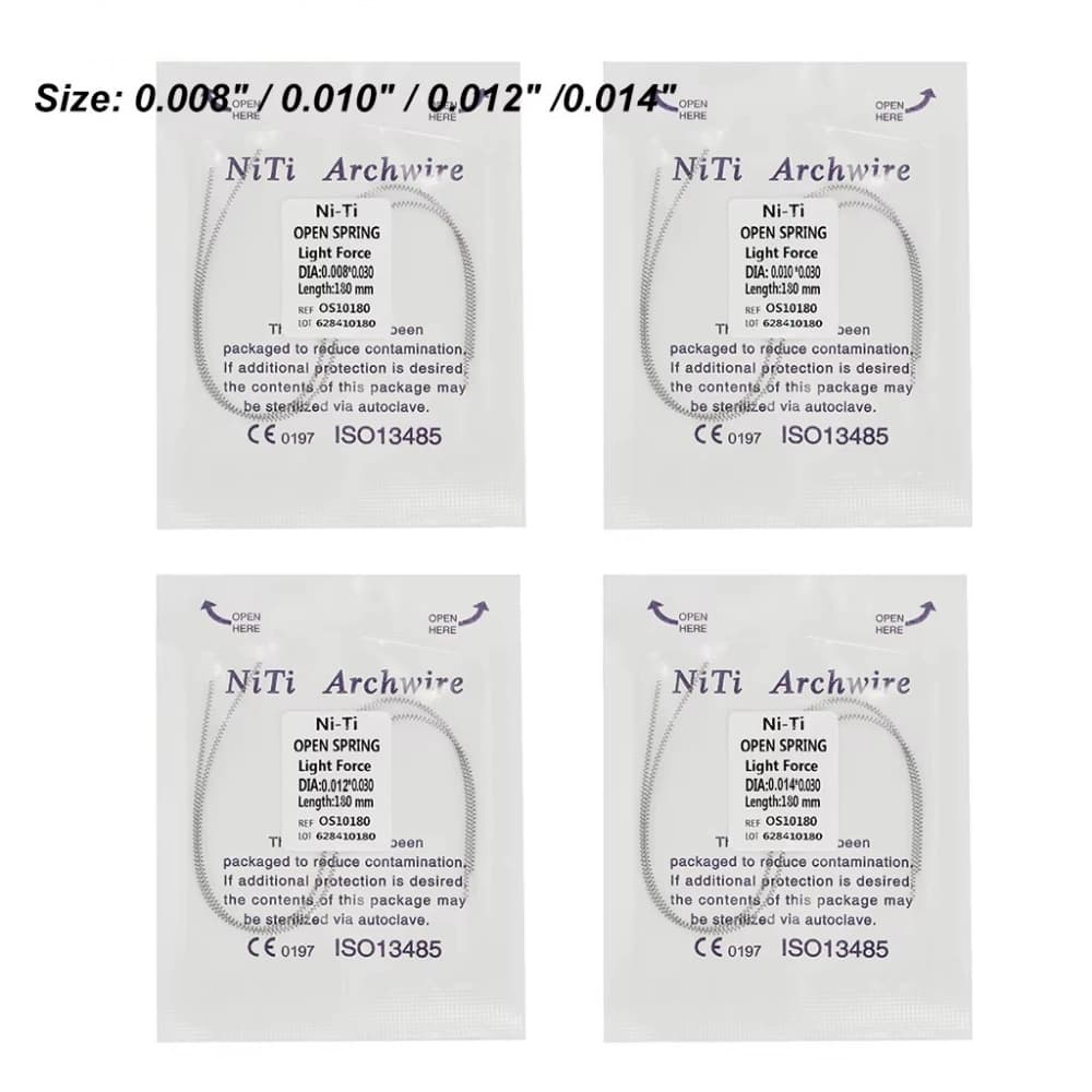 Individually bagged NiTi open coil springs in four diameter options and 180 mm lengths