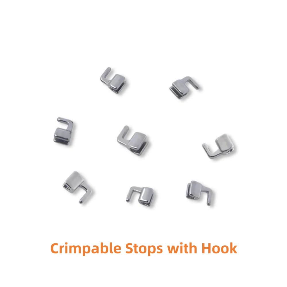 Open-slot orthodontic crimpable stops with hook
