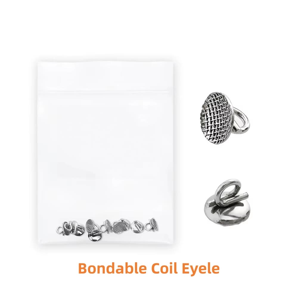 Stainless steel orthodontic bondable coil eyelets with curved round 80-mesh bases