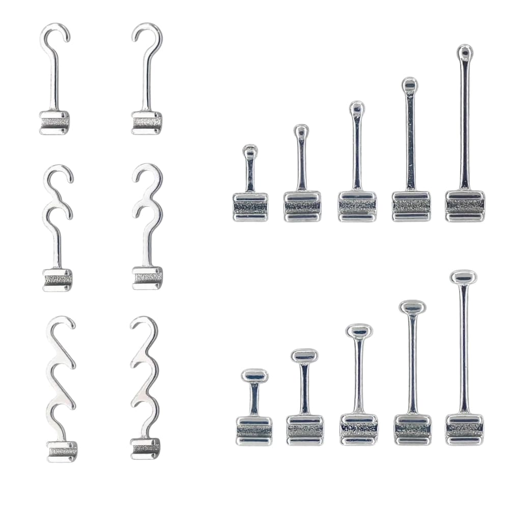 Orthodontic crimpable hook family including ball hooks, T-shaped hooks and left-right hook options