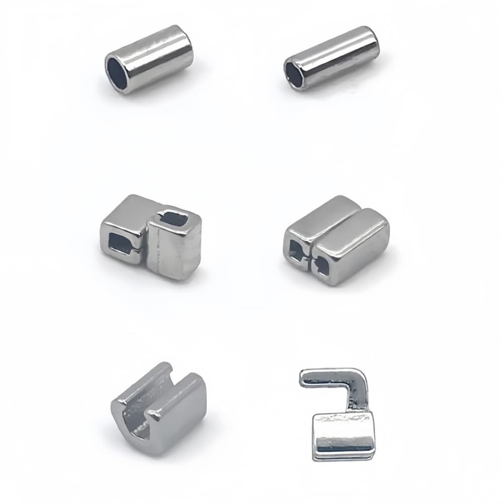 Orthodontic crimpable stops and tubes in round, cross, double, split and hook configurations