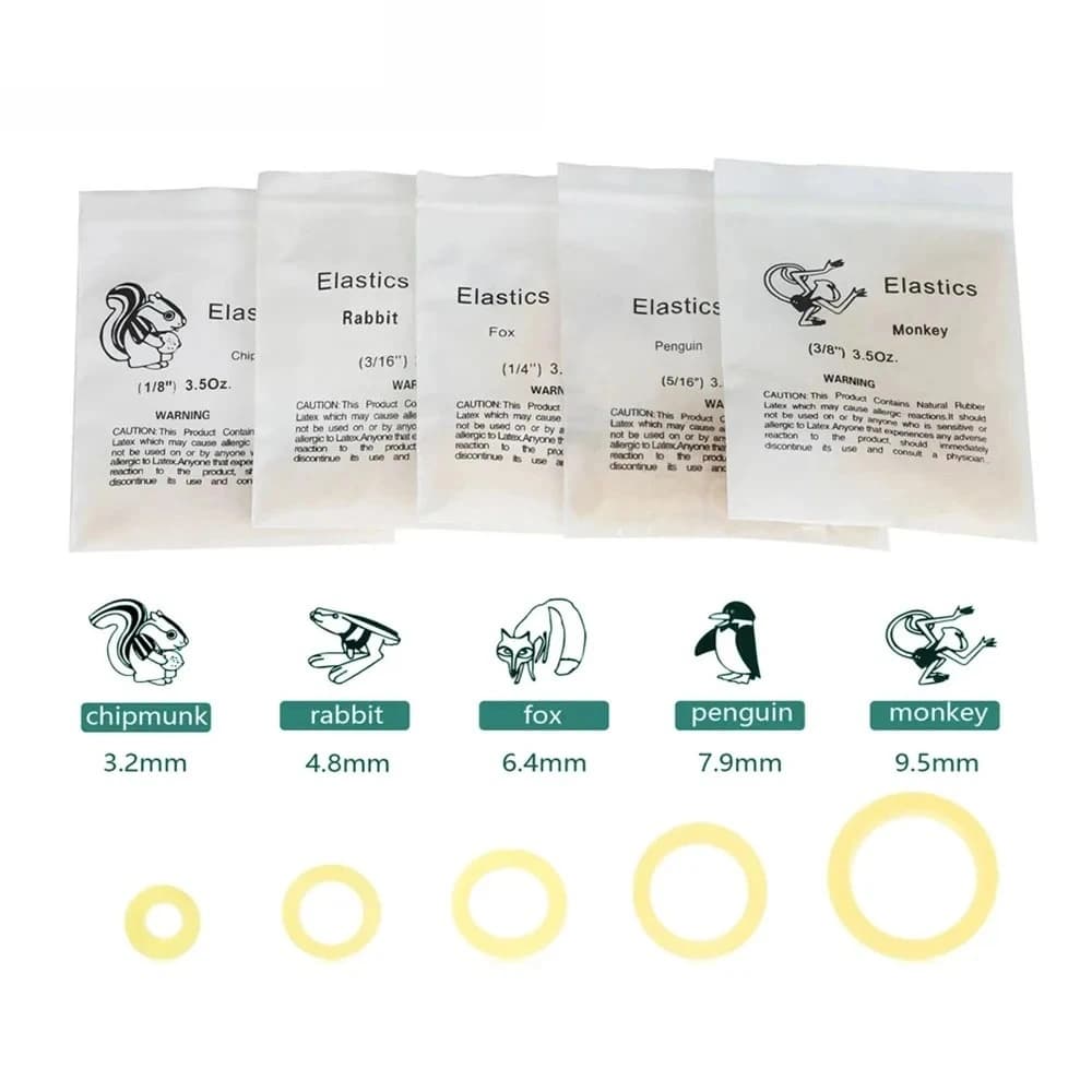 Animal-coded orthodontic elastics pouches for five available sizes