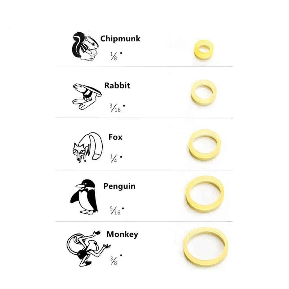 Five animal-coded orthodontic elastic sizes from 1/8 inch to 3/8 inch