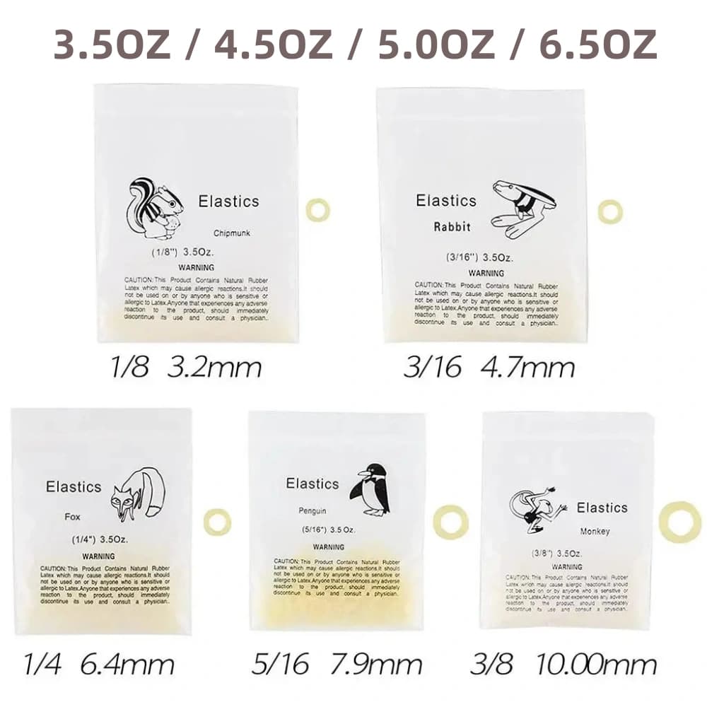 Orthodontic elastics with 3.5, 4.5, 5.0 and 6.5 ounce force options