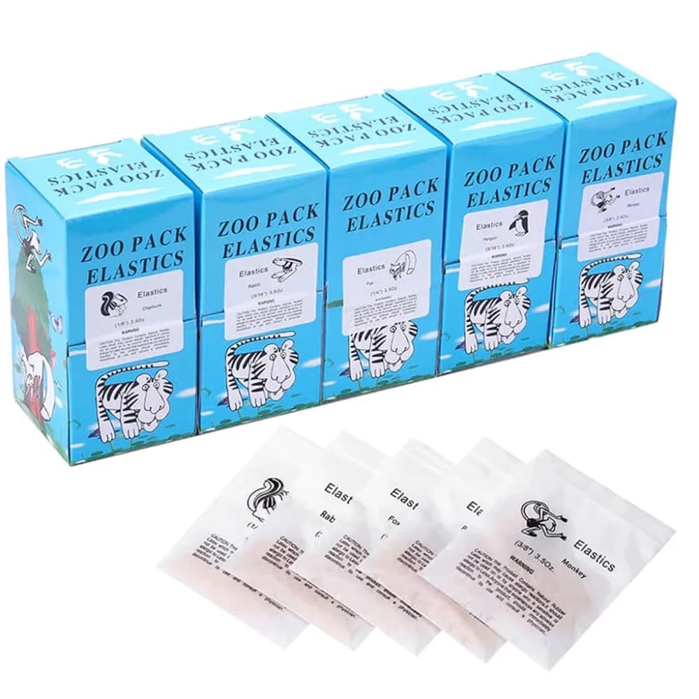 Animal-coded orthodontic elastics pouches in five available sizes