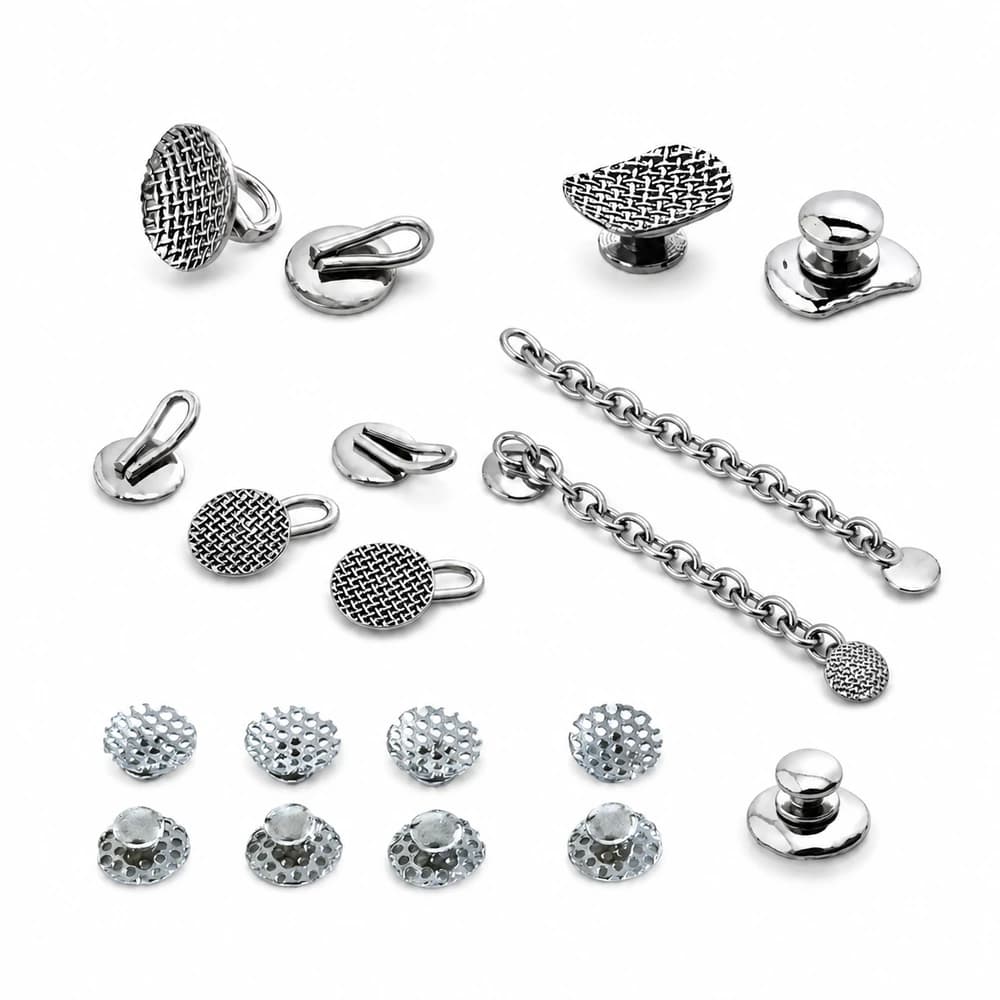 Stainless steel orthodontic lingual buttons, bondable eyelets and traction attachments