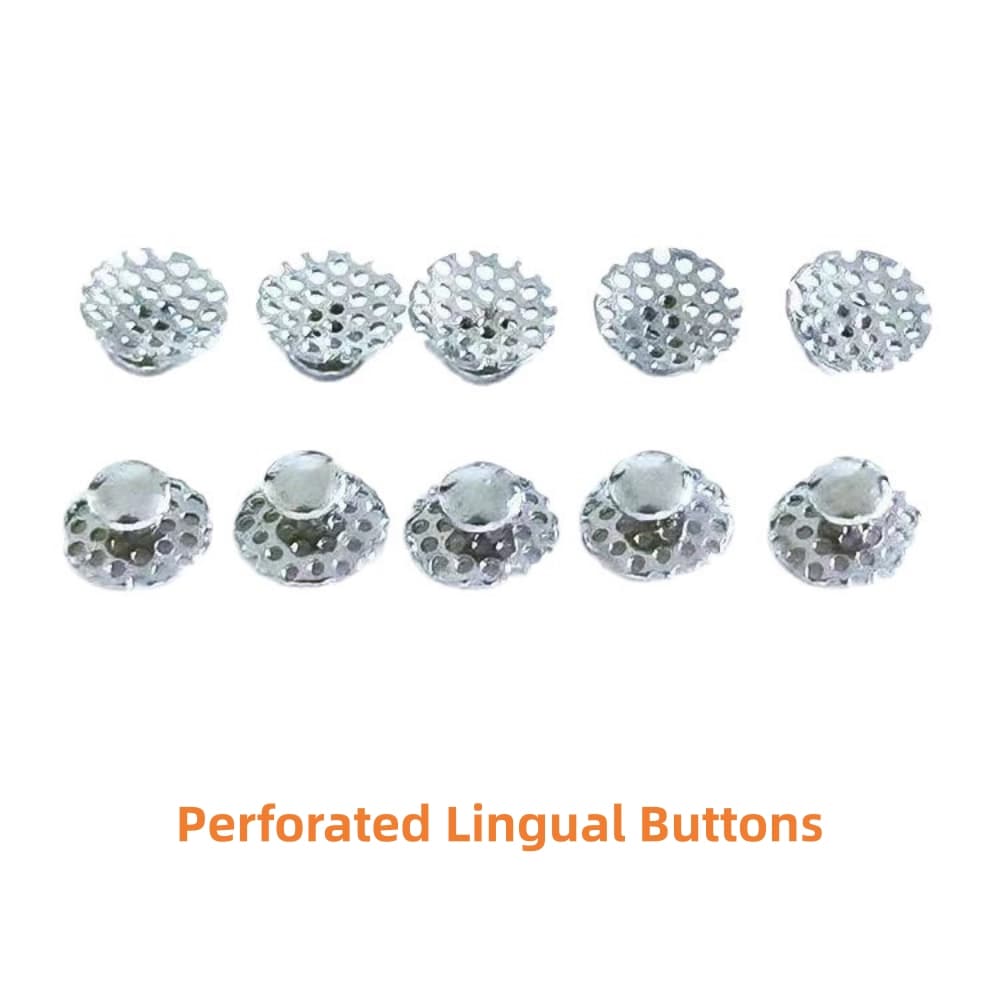 Stainless steel perforated lingual buttons with 3.5 by 3.5 mm curved round bases
