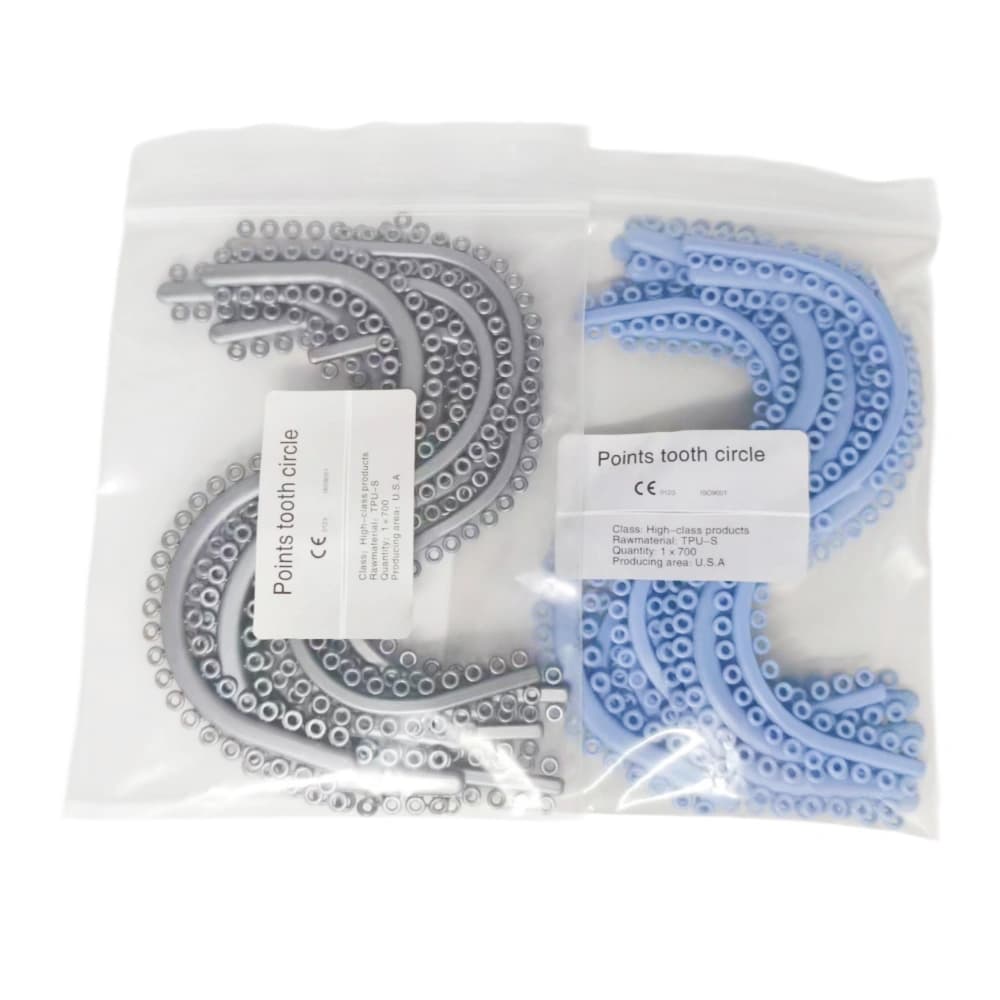 Factory-direct blue and gray orthodontic separators in separate packaged strips