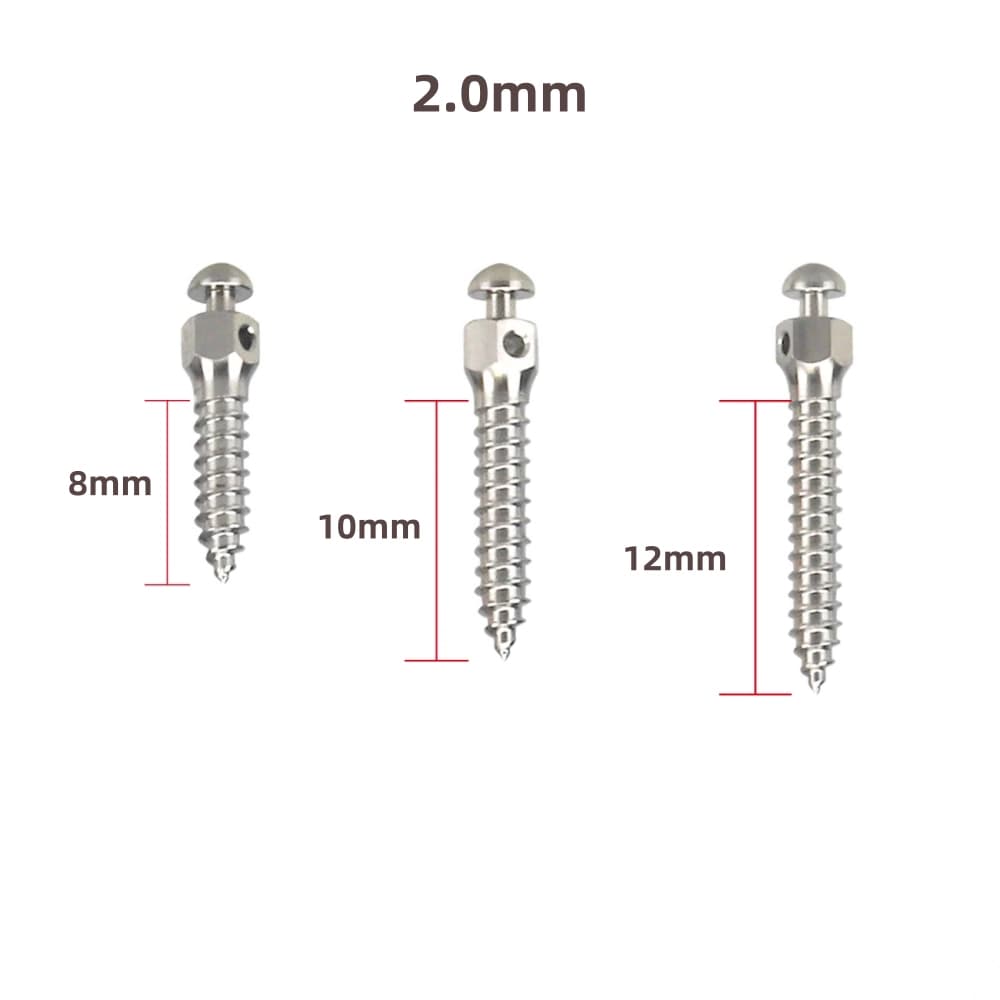 2.0 mm orthodontic TAD screws in 8, 10 and 12 mm lengths