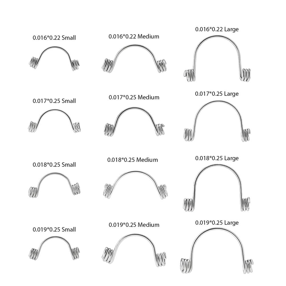 Small, Medium and Large orthodontic torquing spring options across four rectangular archwire sizes