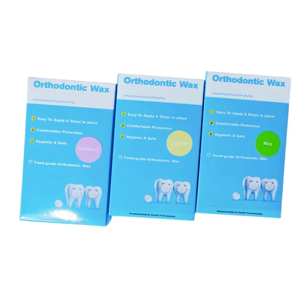 Original, strawberry and mint orthodontic wax boxes