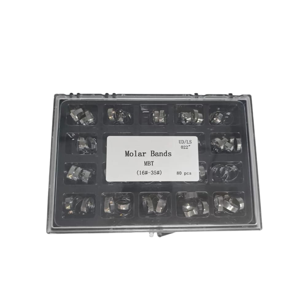 Prewelded orthodontic first molar bands in a size assortment box