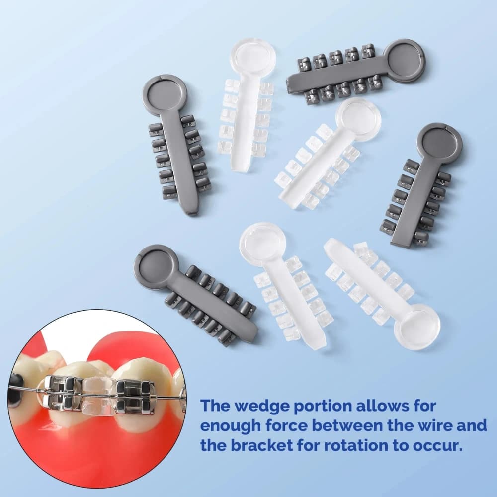 Gray and clear orthodontic rotation wedge strips with bracket application inset